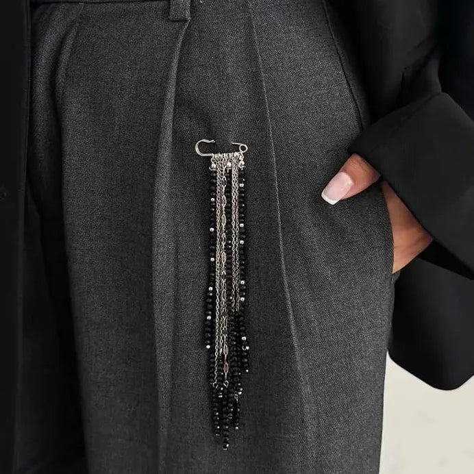 Geometric Black Crystal Long Tassel Zinc Alloy Brooch for Women