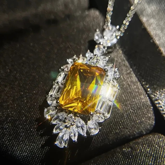 Yellow Cubic Zirconia Pendant Necklace for Women Wedding Anniversary Gift