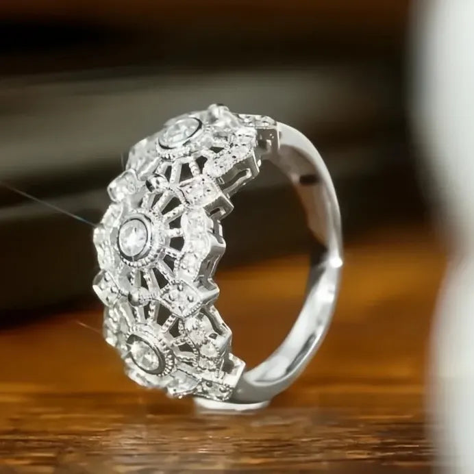 Elegant Silver Women’s Geometric CZ Ring Hollow Out Fashion Band