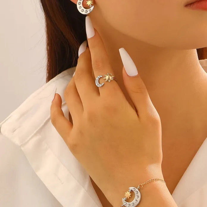 Vintage Zinc Alloy Moon Sun Jewelry Set for Women Necklace Earrings Ring Bracelet