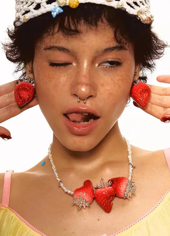 Strawberry Plant Earrings for Women Romantic Copper Jewelry Gift Studs