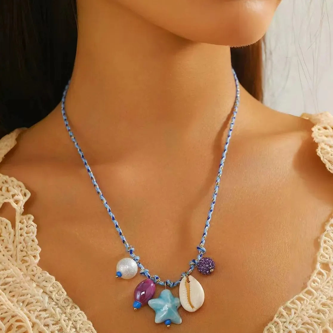 Handmade Rope Ceramic Fish Conch Pendant Necklace Women Starfish Shell Choker Jewelry