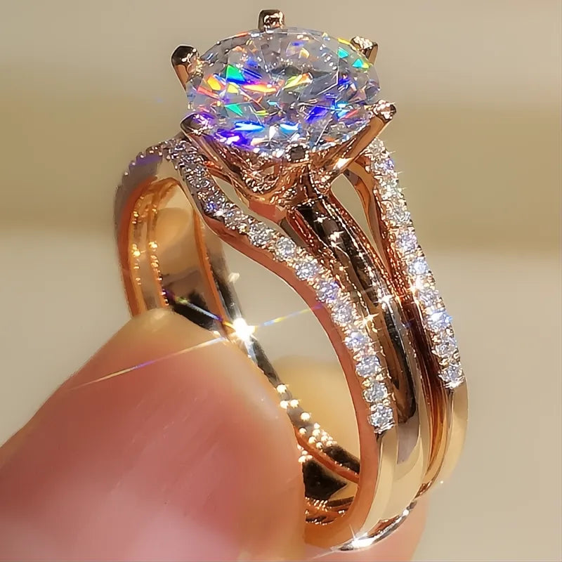 Unique Rose Gold Cubic Zirconia Rings for Women Classic 6 Claw Prong Wedding Engagement Bands