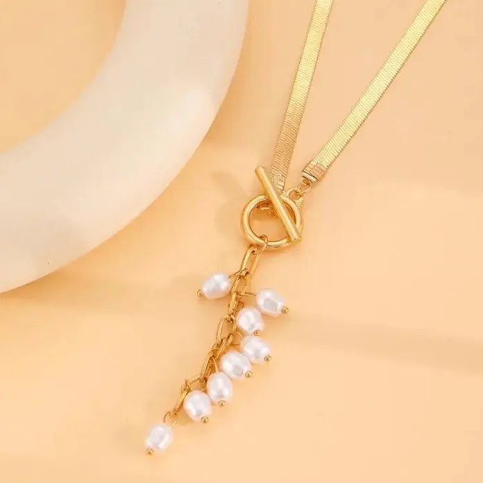 Stainless Steel Snake Bone Necklace Long Tassel Pearl Jewelry Gift