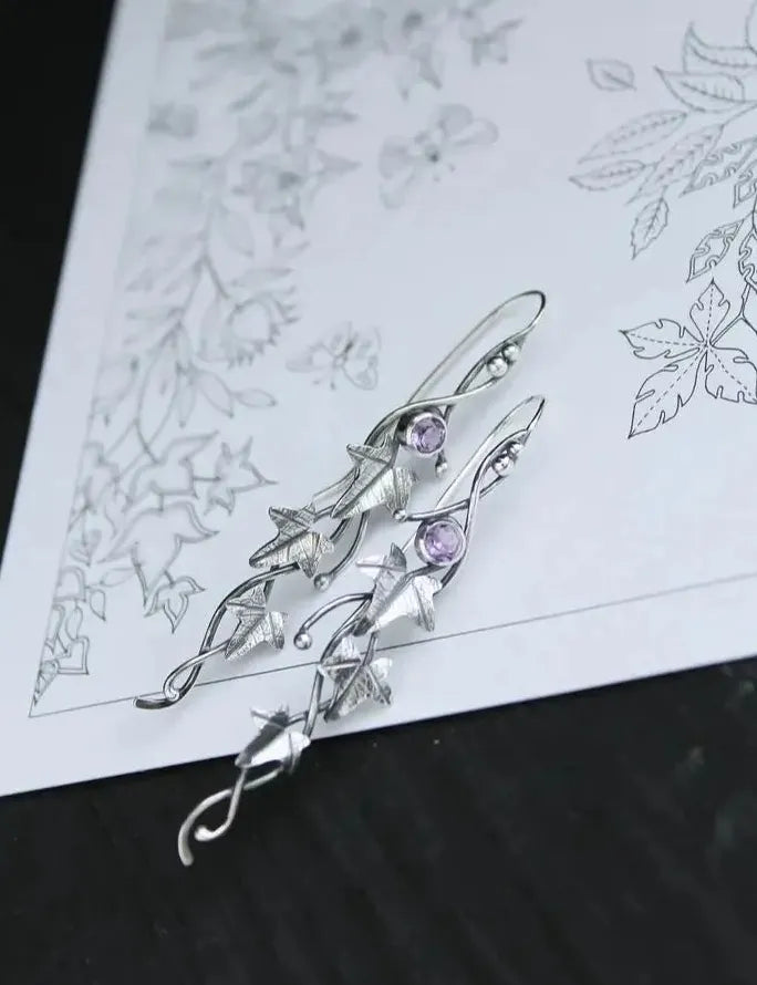Vintage Ivy Elven Leaf Drop Earrings Women Silver Metal Crystal Jewelry