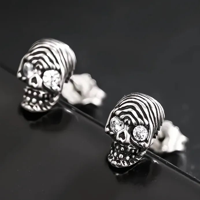 Neo-Gothic Women Skull Stud Earrings with White & Red Cubic Zirconia
