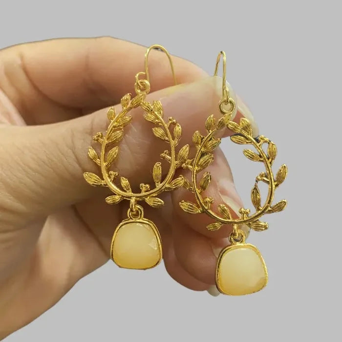 Handmade Bridal Earrings Gold Plant Branch Leaf Design Zinc Alloy Gemstone Pendant
