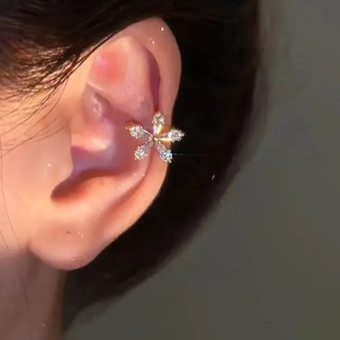 Korean Crystal Flower Butterfly Stainless Steel Clip-On Ear Cuffs for Women