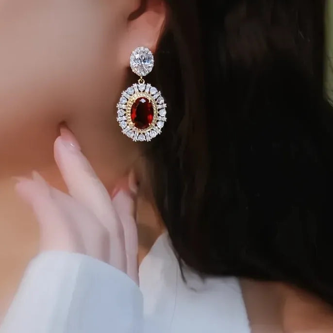 Gold Red CZ Geometric Drop Earrings for Women Wedding Party Jewelry