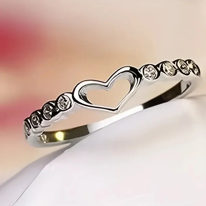 Hollow Heart Cubic Zirconia Brass Rings for Women Thin Wedding Bands Anniversary Jewelry