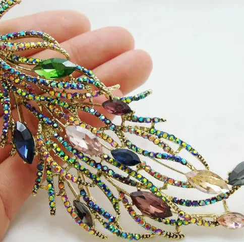 Retro Long Feather Brooch Pin Multi-Color Rhinestone Crystal Jewelry Gift