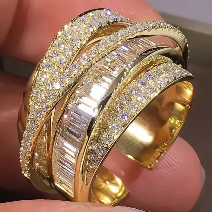 Luxury Gold Multi Cross CZ Brass Wedding Band Ring for Women Jewelry