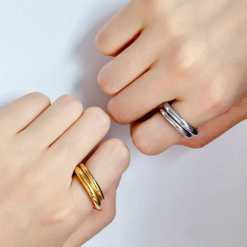18K Gold Plated Stainless Steel Double Round Finger Ring for Women Waterproof Hiphop Jewelry