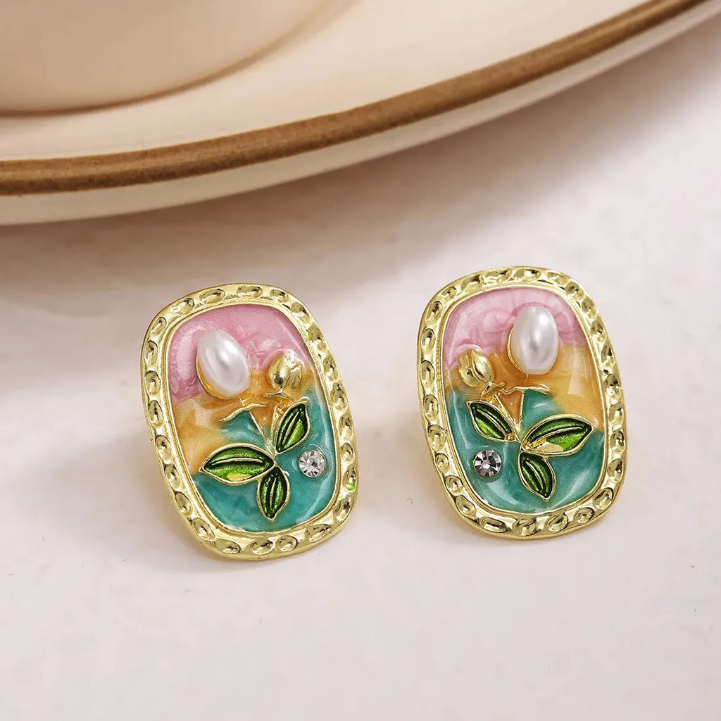 Vintage Pearl Zinc Alloy Oval Stud Earrings with Rectangular Garden Design