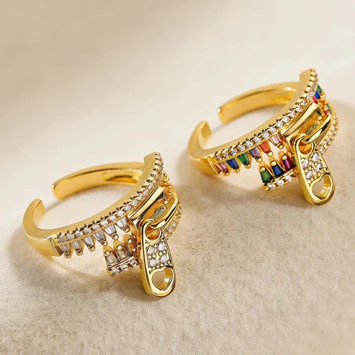 Copper Metal Zipper Open Ring Featuring Zircon Crystal for Women Personality