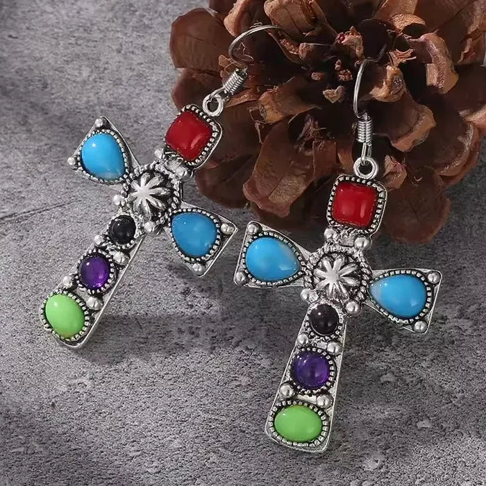 Vintage Bohemian Style Colored Gemstone Inlaid Pendant Drop Earrings for Women
