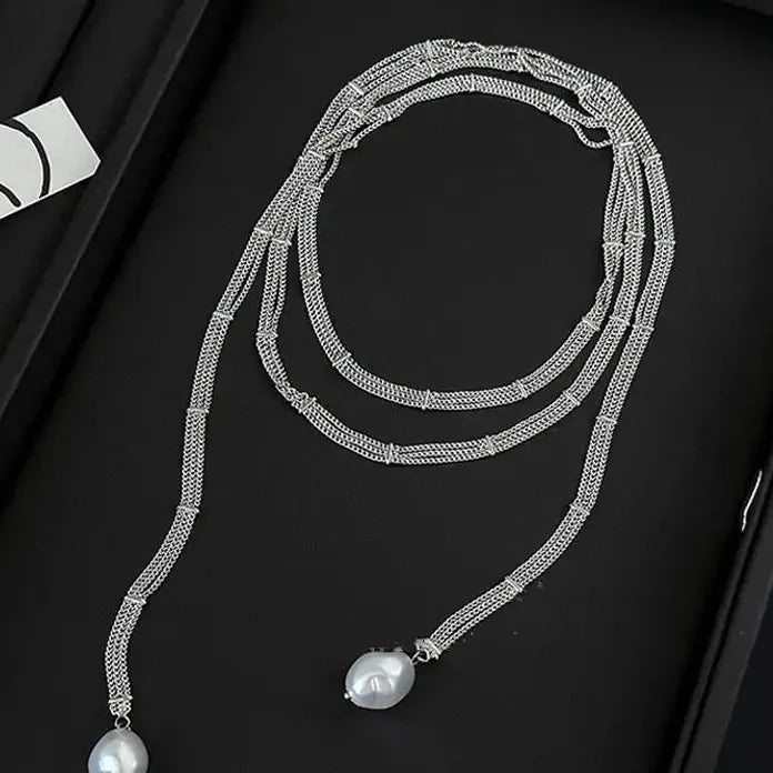 Light Luxury Silver Pearl Necklace Women Water Drop Pendant Extra-Long Chain Gift