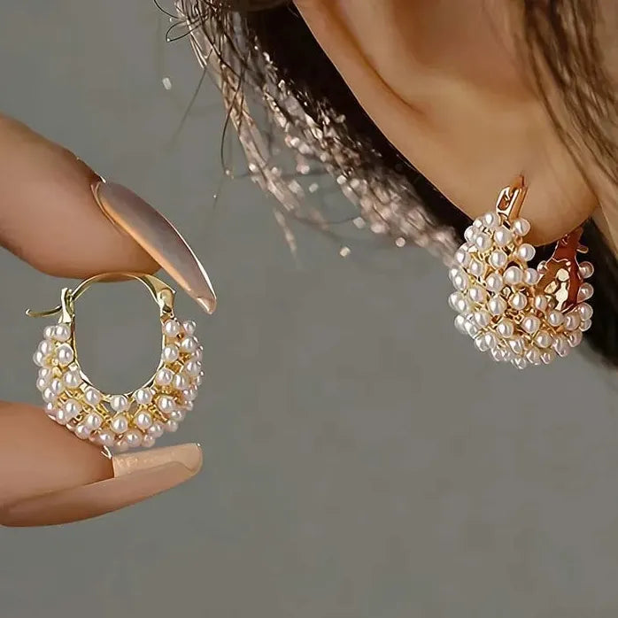 Imitation Pearl Hoop Earrings for Women Girls Hollow Flower Basket Design