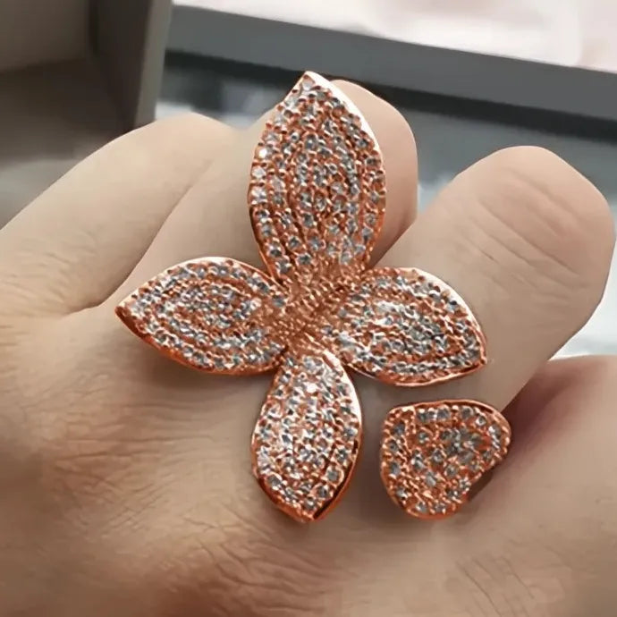 Women’s Flower Shaped Opening Ring Brass CZ Wedding Party Jewelry