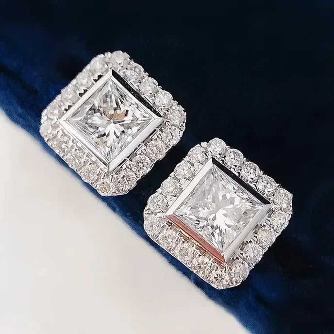 Cubic Zirconia Geometric Square Stud Earrings for Women Bridal Wedding Jewelry Copper Alloy