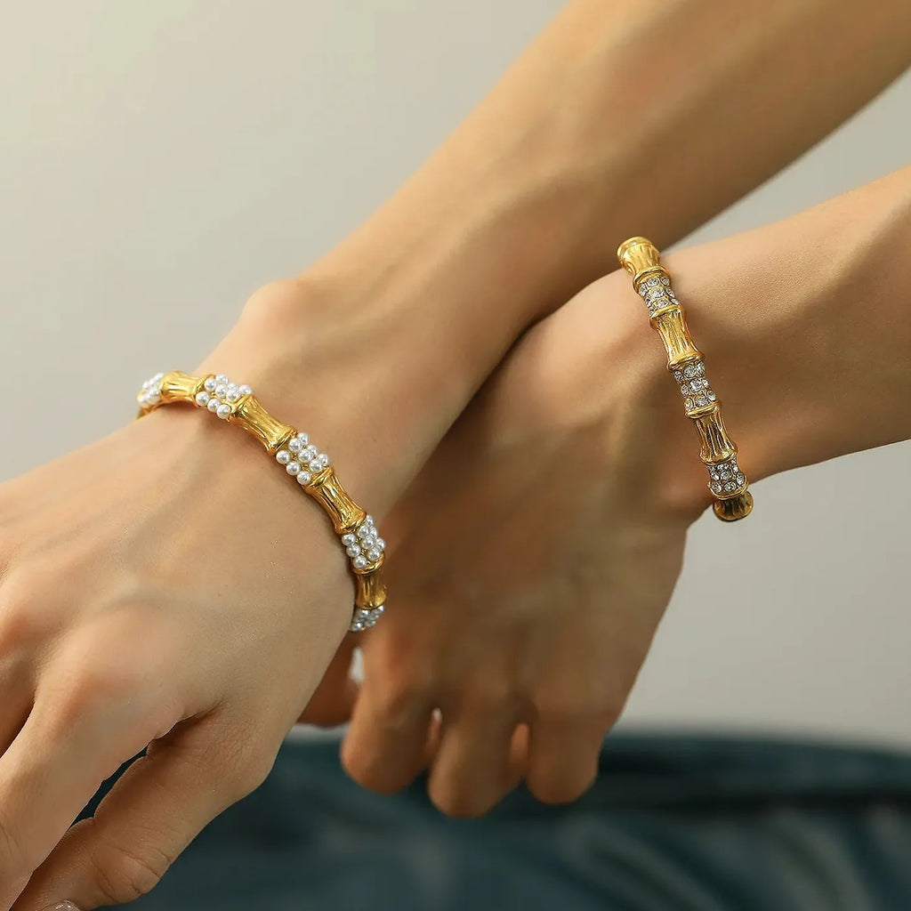 18K Gold Open Bamboo Pearl Bangle CZ Zircon Waterproof Bracelet for Women