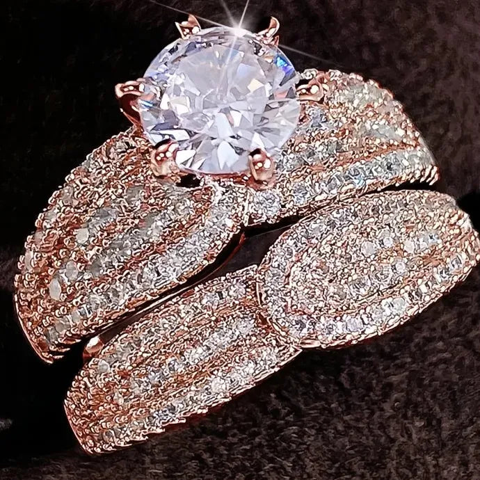 2Pcs Silver & Gold CZ Rings Set Bridal Wedding Jewelry Full Bling Luxury
