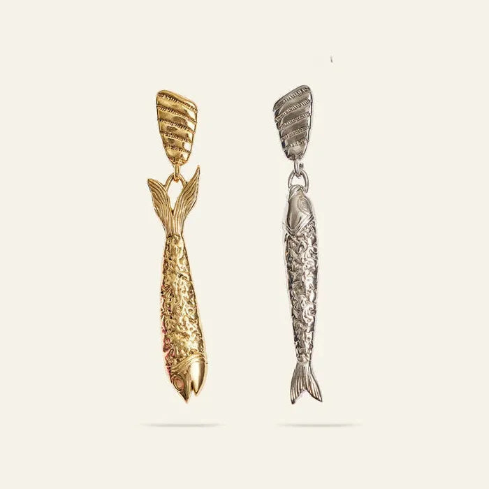Retro Titanium Steel Fish Drop Earrings Long Gold-Plated Jewelry