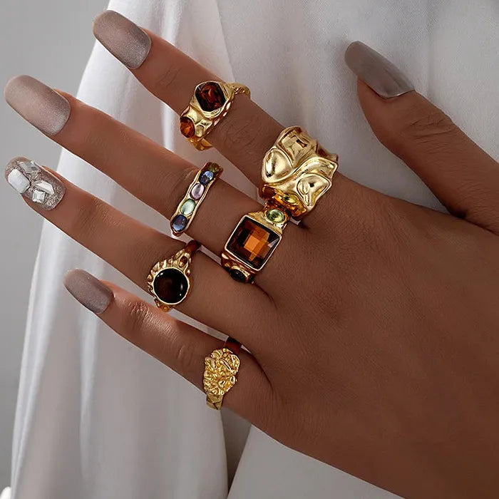 6Pcs Unisex Punk Gothic Geometric Crystal Metal Rings Durable Fashion Jewelry