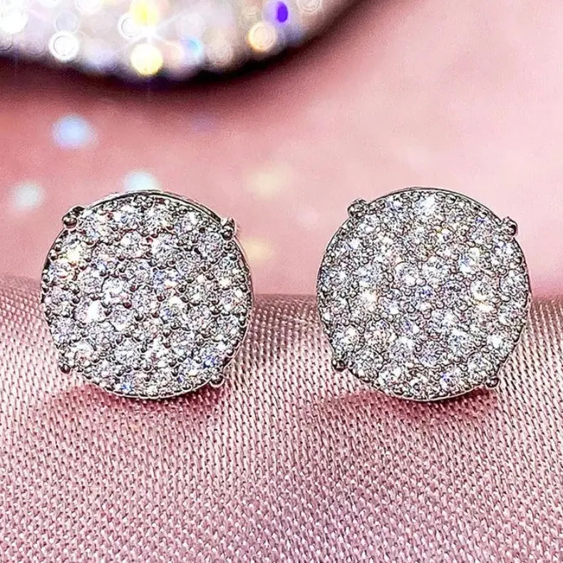 Round Stud Earrings with Shiny CZ Stone Silver Gold Copper Metal Jewelry Women