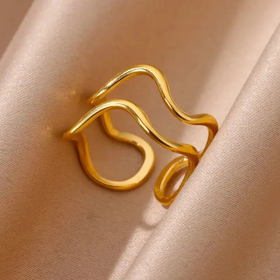 Gold Stainless Steel Irregular Geometric Chunky Wedding Band Ring for Women