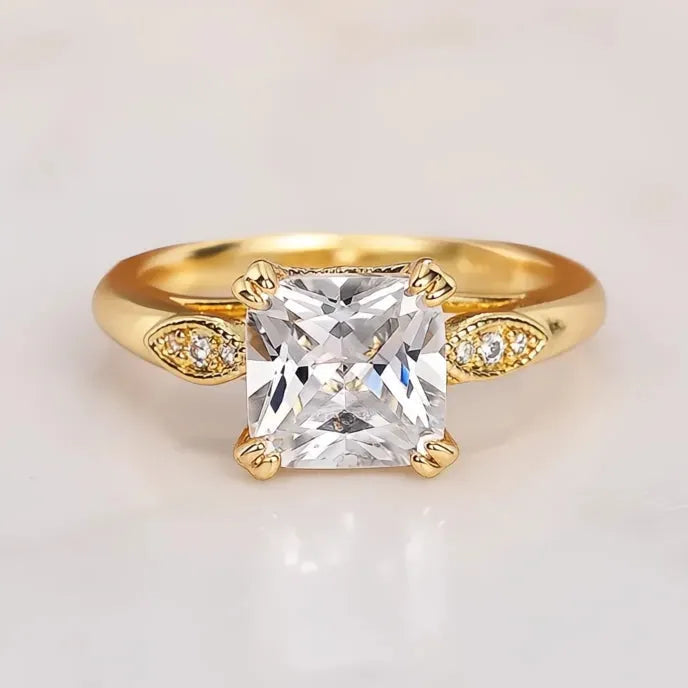 Luxury Princess Square Cubic Zirconia Wedding Engagement Ring for Women Gold Color Brass Band
