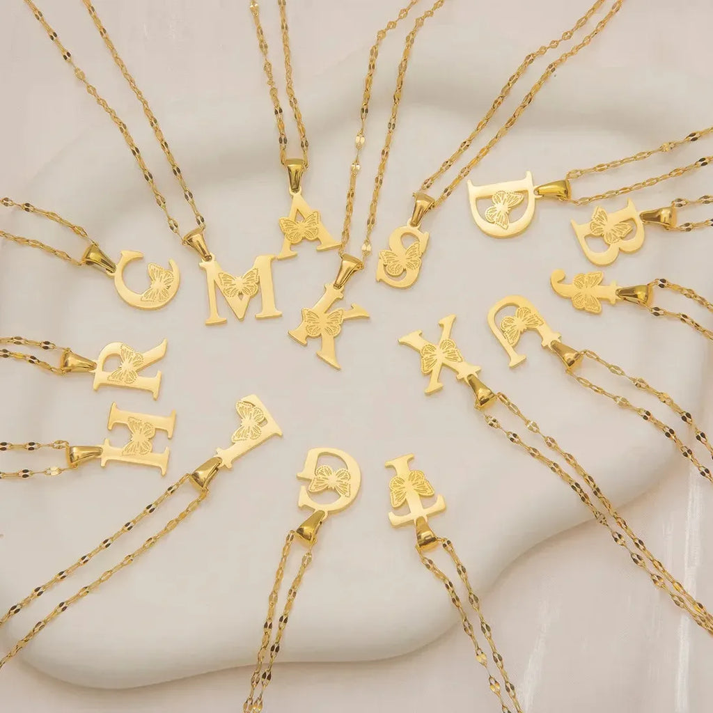 18k Gold Plated Butterfly Letter Pendant Necklace Adjustable Chain Choker Gift