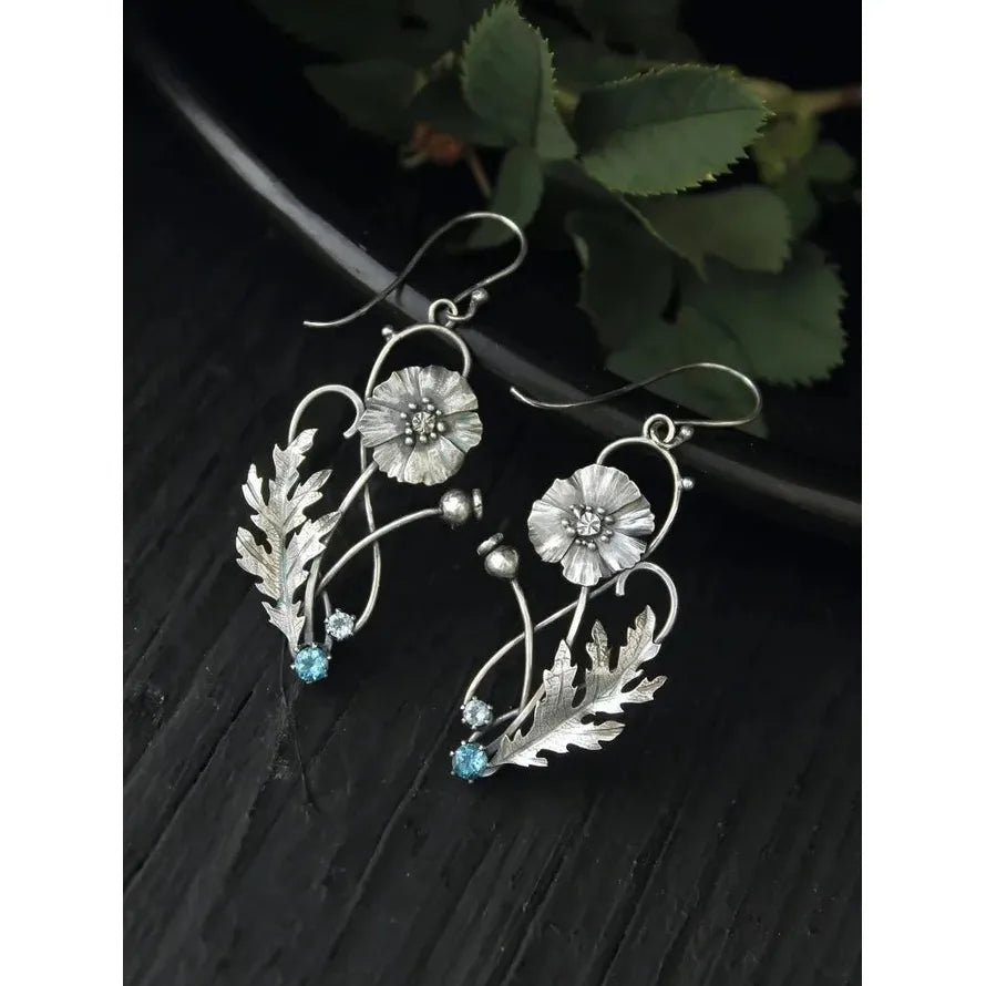 Vintage Zinc Alloy Leaf Drop Earrings with Red Stone Inlay for Women