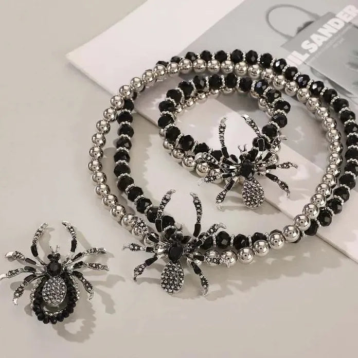 Punk Gothic Black Crystal Spider Necklace & Bracelet Set for Men Women