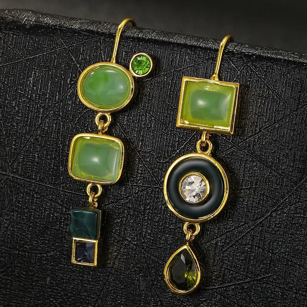Geometric Green Stone Round Drop Earrings for Women Zinc Alloy Jewelry