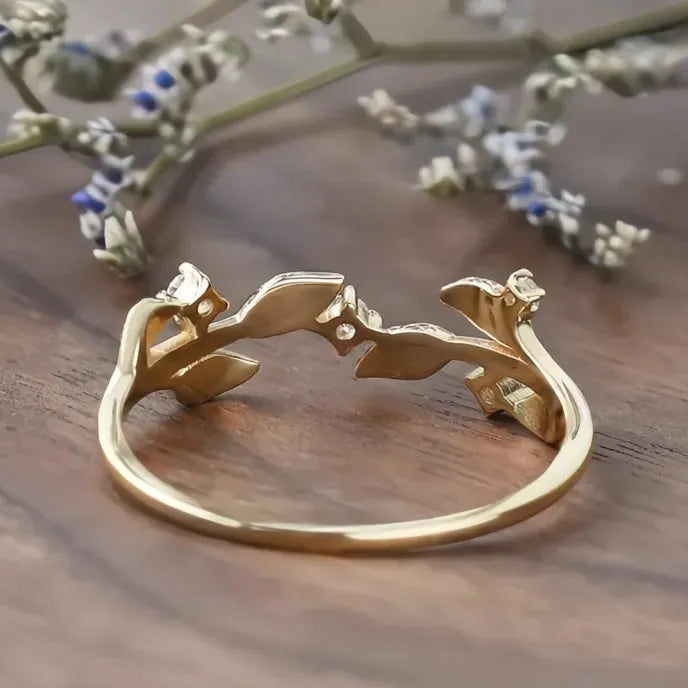 Gold Color Leaf Ring for Women Wedding Band Brass Cubic Zirconia Crystal Jewelry
