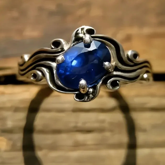 Vintage Blue CZ Silver Wave Ring Geometric Party Holiday Jewelry Brass