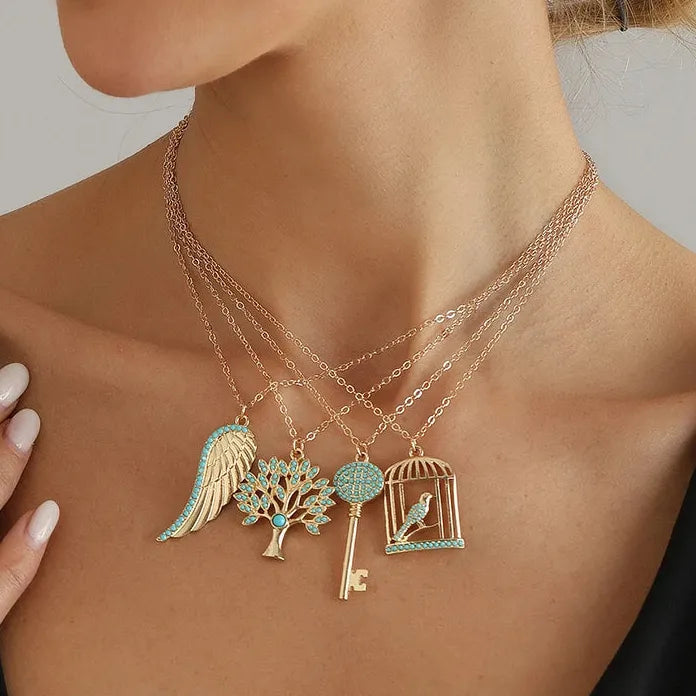 Adjustable Green Stone Pendant Necklace Zinc Alloy Birdcage Wing Key Gift