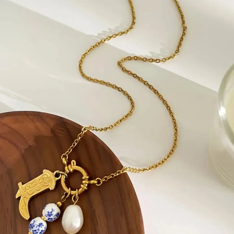 18k Gold Stainless Steel Cowboy Boot Pendant Necklace Pearl Choker Blue White Porcelain