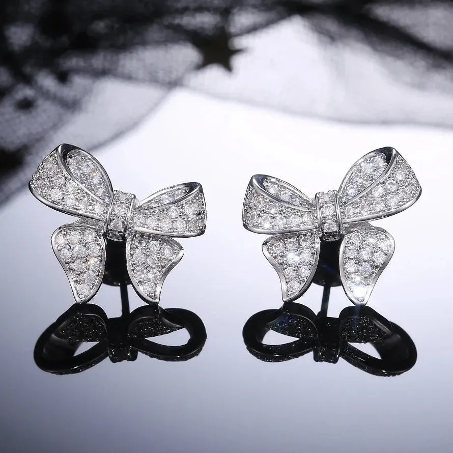 Romantic Bowknot Women Stud Earrings Crystal Zircon Glass Stone Jewelry
