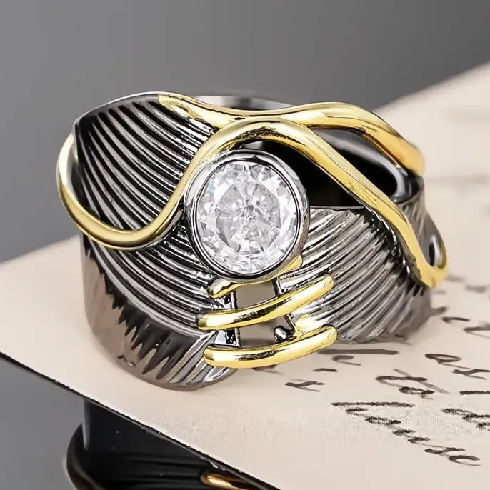 Geometric Brass Cocktail Ring with Cubic Zirconia for Women Party Jewelry