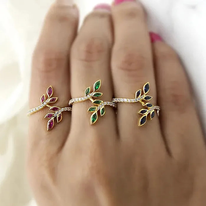 Zirconia Leaf Design Brass Ring for Women Engagement Jewelry Gift