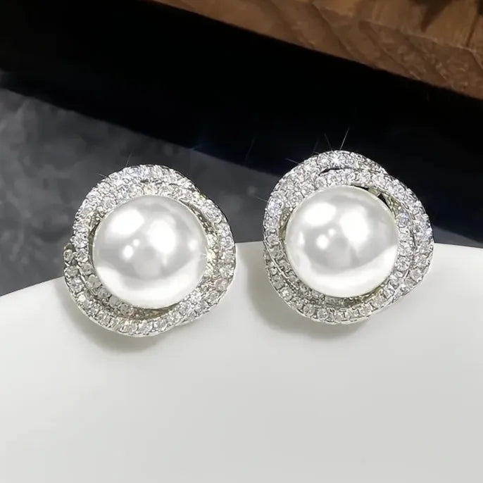Geometric Silver Cubic Zirconia Pearl Stud Earrings for Women Jewelry