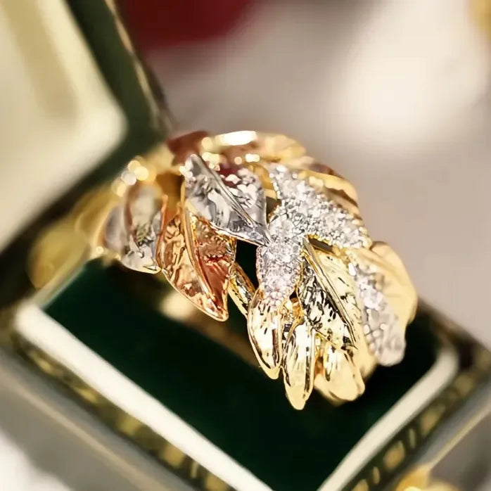 Three-Tone Leaf Cubic Zirconia Wedding Band Ring for Women Brass Jewelry