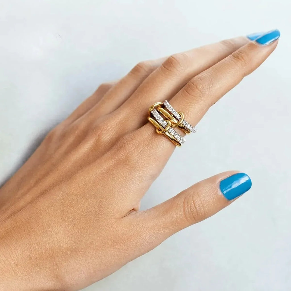 Punk 4-Layer Mixed Color Stainless Steel Ring Women Shiny Zircon Jewelry Gift