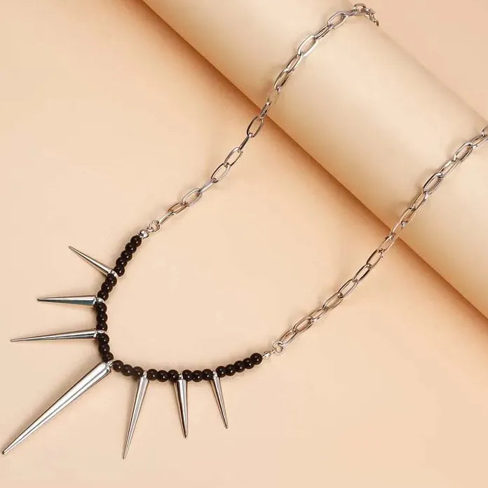 Punk Black Beads Rivet Choker Necklace Men Women Spike Tassel Y2K Jewelry