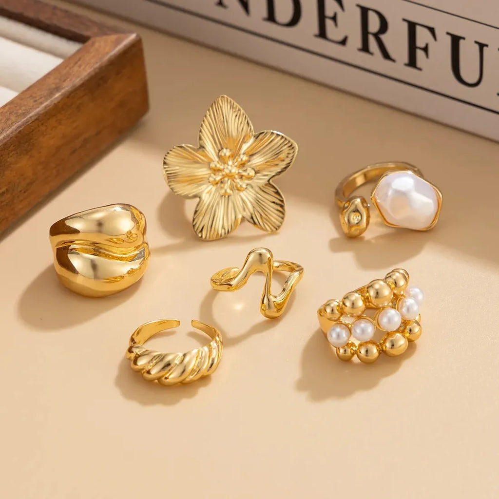 6Pcs Vintage Flower Plant Rings Set Imitation Pearl Jewelry Gifts