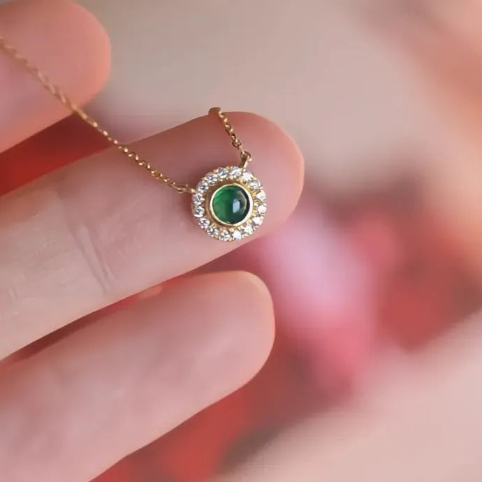Vintage Geometric Copper Pendant Necklace with Green Cubic Zirconia for Women