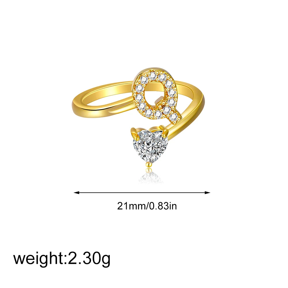 Polished Gold Plated Copper A-Z Letter Initial Ring with Zircon Heart Wedding Jewelry