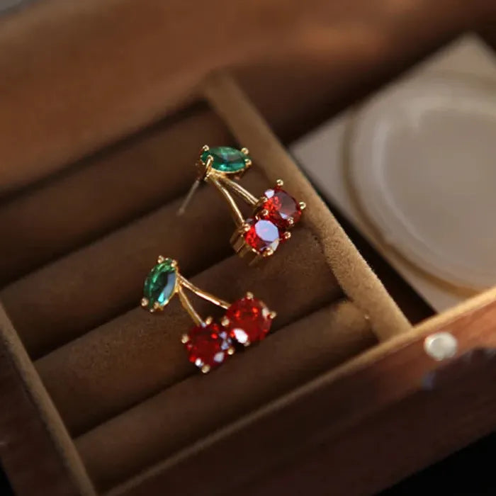 Red Zircon Fruit Leaf Stud Earrings Zinc Alloy Crystal Jewelry Gift